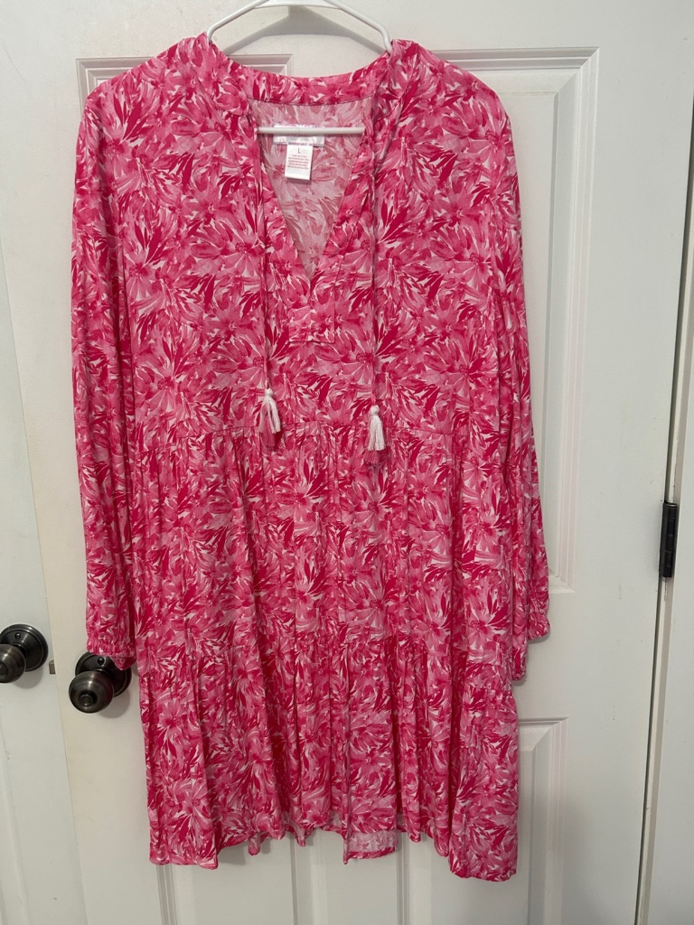 Women’s Pink Floral V-Neck Tassel Dress